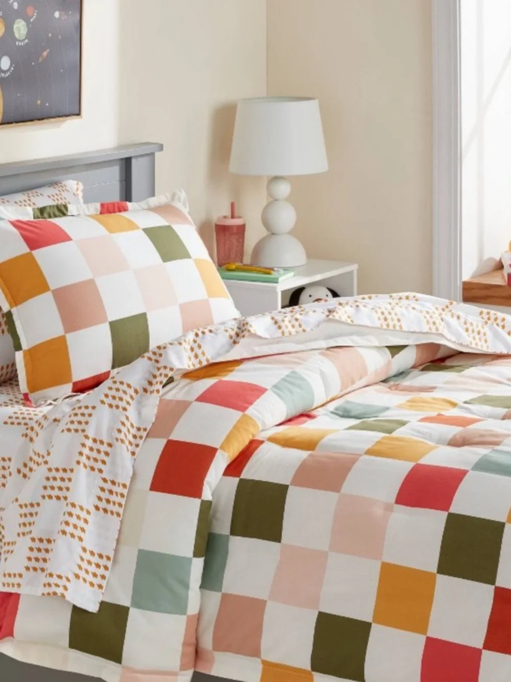 PILLOWFORT NWT Full/Queen Kids' Comforter Set Checkered Cotton Percale Comforter